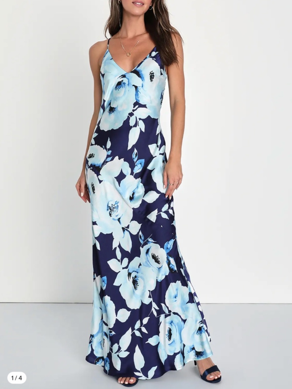 Lulus Graceful Aura Navy Blue Floral Satin NWT Maxi Dress